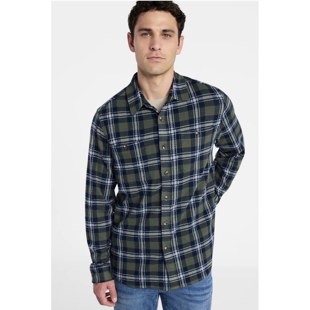 George-Mens-Plaid Olive Oat-Knit Overshirt-Long Sleeves-Sz S-NWT